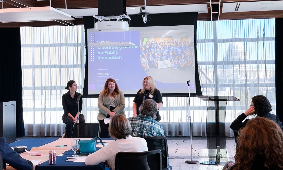 Beth Blauer (right), associate vice provost of public innovation at Johns Hopkins University, joins Amy Edwards Holmes (center), executive director of the Bloomberg Center for Government Excellence, and Amanda Daflos (left), executive director of the Bloomberg Center for Public Innovation, at the new Johns Hopkins Bloomberg Center in DC.