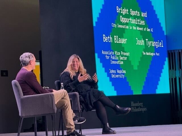 GovEx Founder and JHU Associate Vice Provost Beth Blauer talks to Washington Post columnist Josh Tyrangiel during the City Innovation Studio.